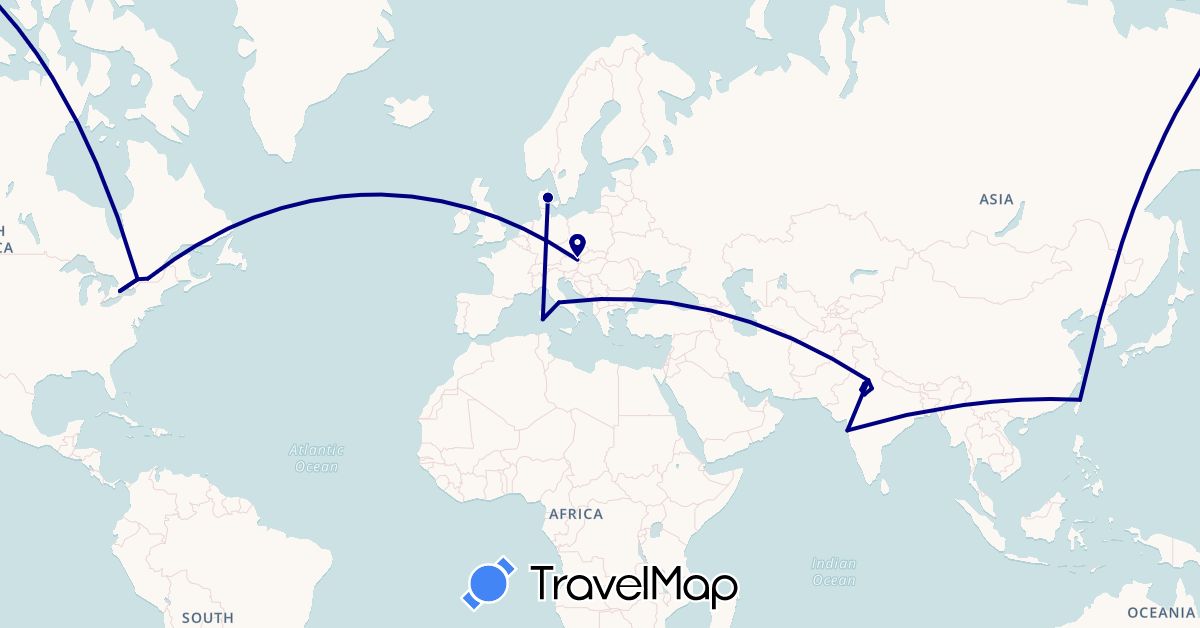 TravelMap itinerary: driving in Austria, Canada, Denmark, India, Italy, Taiwan (Asia, Europe, North America)